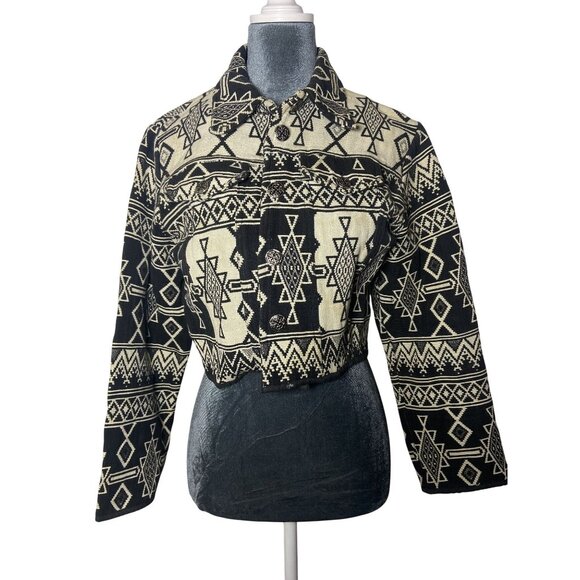 Flashback Jackets & Blazers - Vintage Flashback Aztec Cropped Jacket Medium Black & White 100% Cotton